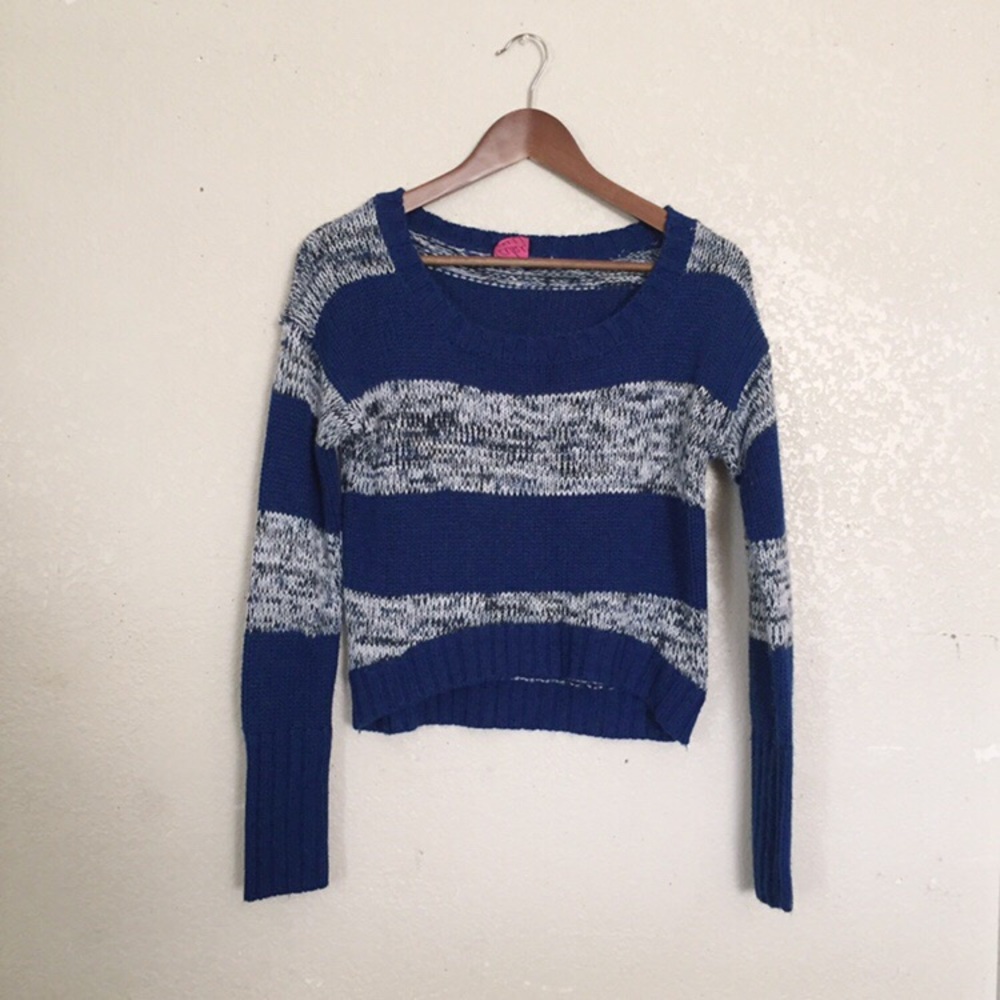 Blue Two Tone Striped Cropped Sweater